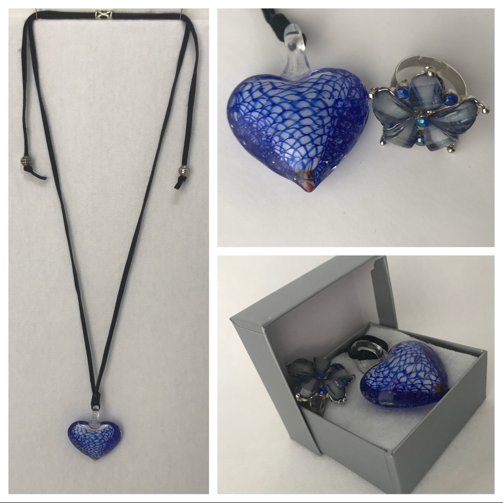 Glass Heart Necklace and Flower Ring